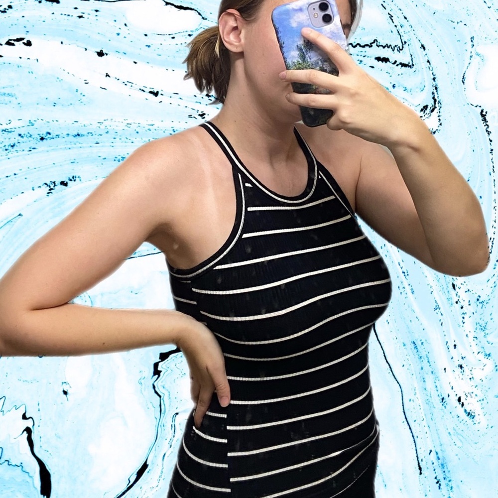 High neck black and white striped tank top